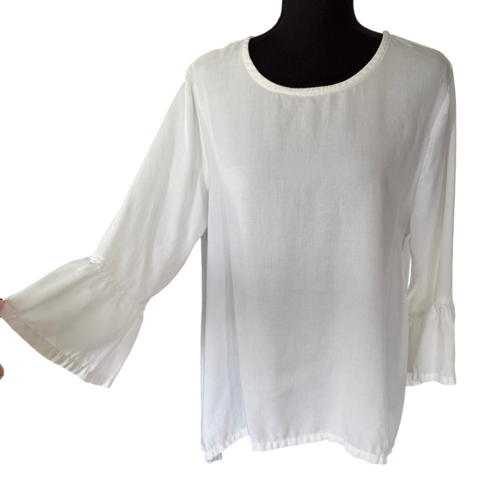 Bryn Walker White Tencel Bell Ruffle Sleeve High Low Blouse Top XL Made in USA